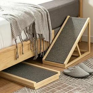 Scala per Cani 70cm/100cm, Rampa in Legno Massiccio Regolabile, Scala Antiscivolo con Tappeto di Sicurezza per Divano/Letto/Auto 1