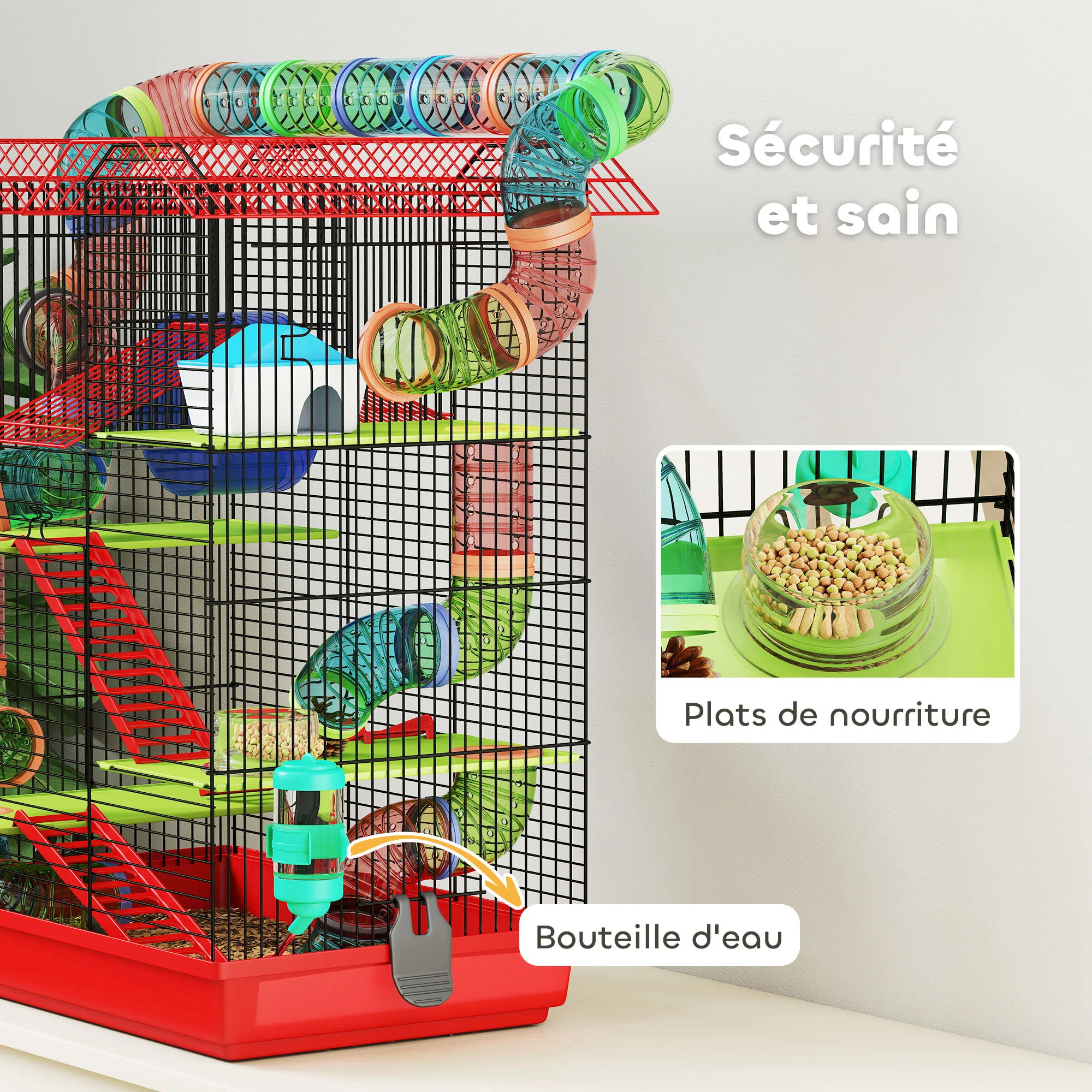 Gabbia Pawut per Criceti, Topi e Piccoli Animali con Tunnel, Ruota per Alimentazione e Giocattolo, 47x30x59 cm, Rossa 4