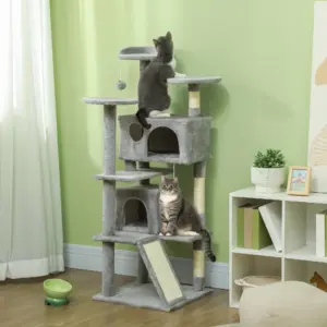 PawHut Albero per gatti con torre da gioco, piantana e piatto, altezza cm. Cuccia a forma di piatto, 2 nicchie, Pumpons, tessuto in peluche, multilivello, ideale per 1-3 gatti, grigio chiaro 2