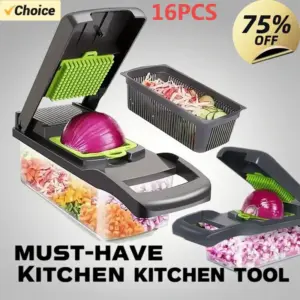 Set di 16 Pezzi per Tagliare Verdure, Tritatutto con Manico, Grattugia per Alimenti, Affettatrice e Trituratore da Cucina per Verdure e Patate 1