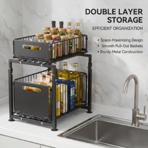 Organizzatore Estraibile a 2 Livelli per Sotto Lavello, Struttura in Acciaio al Carbonio Regolabile in Altezza, Cassetto di Grande Capacità per Armadietti di Cucina e Bagno 2