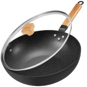 Wok a induzione con coperchio, padella Wok antiaderente 30 cm, padella per friggere con manico in legno, facile pulizia e forno, per tutti i piani cottura 1