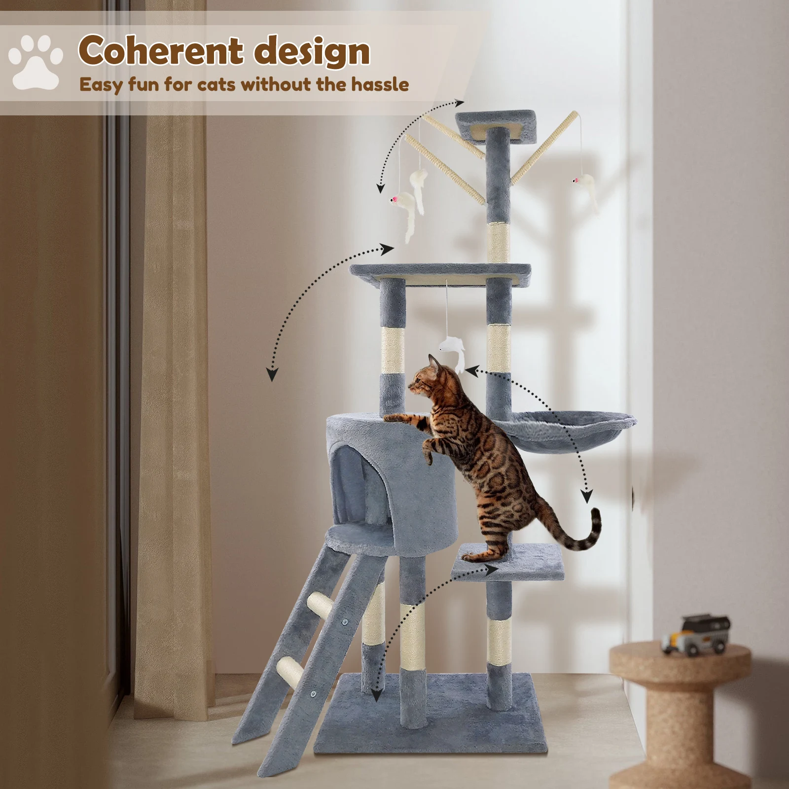 BRIEFNESS Torre per albero per gatti da 140 cm con tiragraffi, grotta morbida e zona per dormire, centro attività per interni/esterni per gatti grandi/piccoli 4
