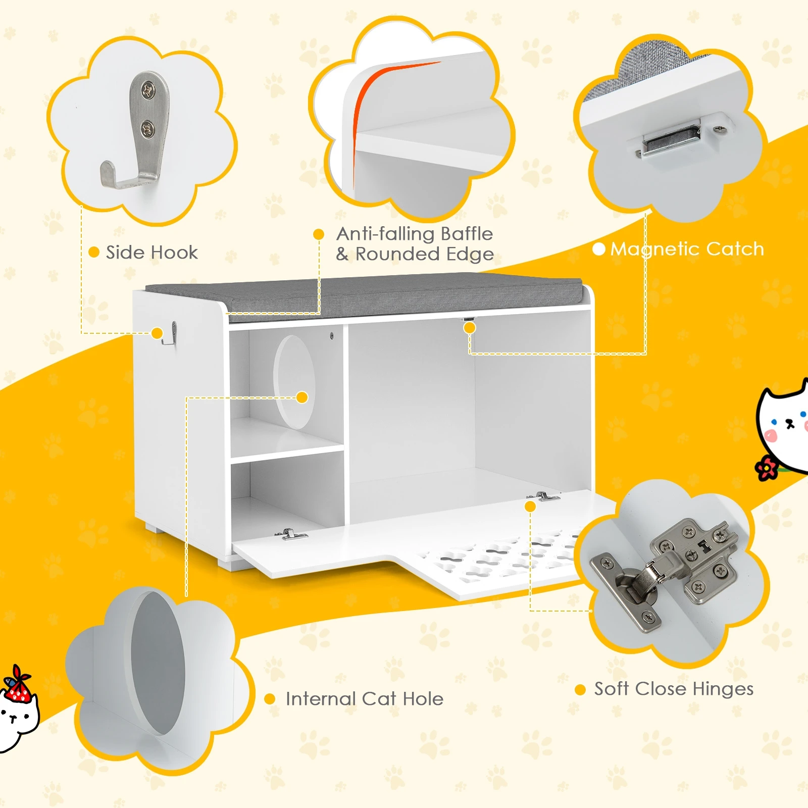 Mobiletto Lettiera per Gatti 4-in-1 Multifunzionale con Cuscino, Mobiletto Contenitore per Bagno Gatto Nascosto con Porta a Ribalta per Ingresso di Casa 3