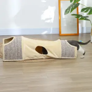 Tunnel per gatti PawHut con 2 nicchie in sisal e fori per la porta, gioco per gatti fino a 6 kg, adatto per interni, 107x38x29 cm, beige 2
