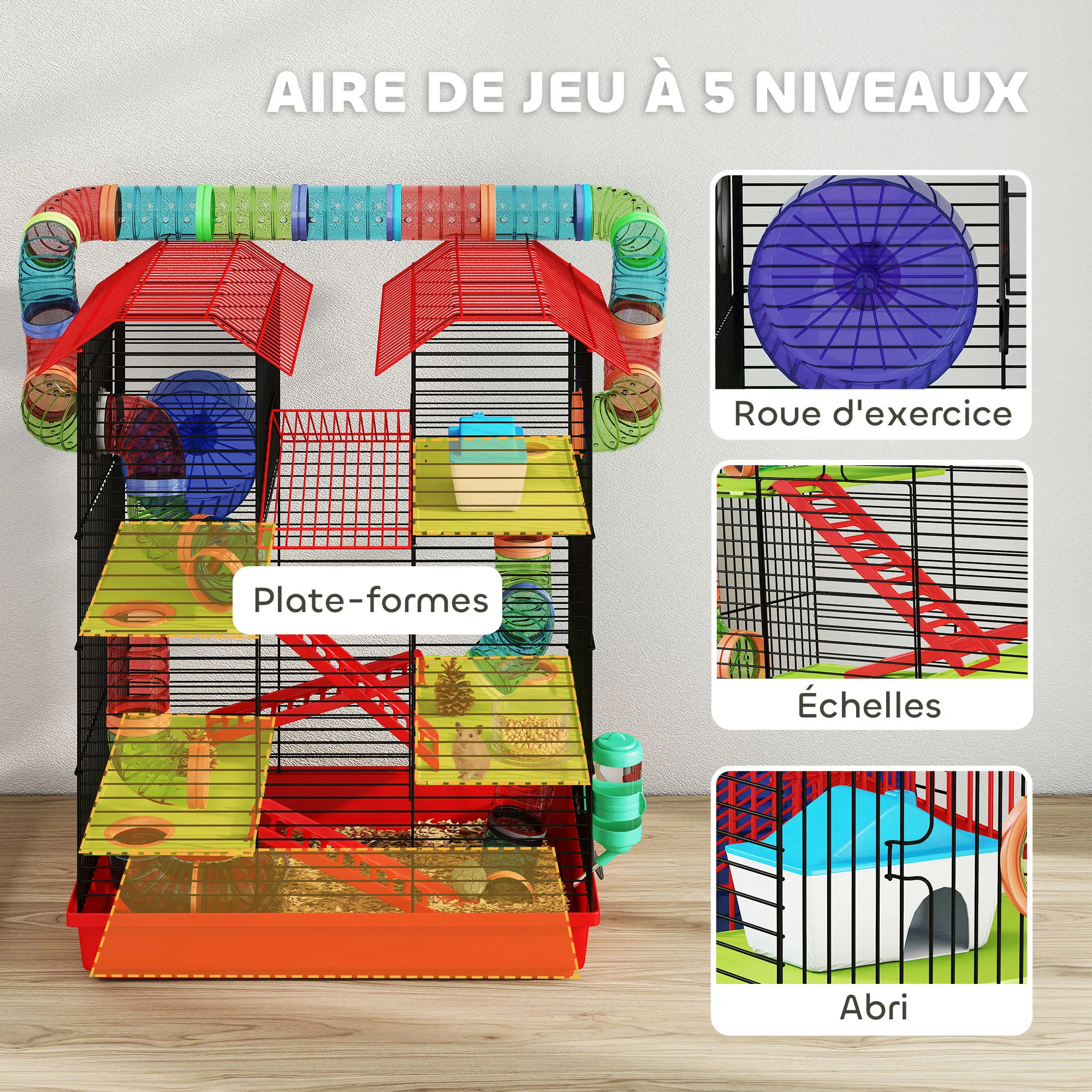 Gabbia Pawut per Criceti, Topi e Piccoli Animali con Tunnel, Ruota per Alimentazione e Giocattolo, 47x30x59 cm, Rossa 3