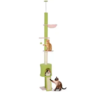 Albero per gatti PawHut da terra a soffitto, 5 livelli, altezza regolabile 220 cm, piattaforme a forma di fiore con nicchia, amaca, rampa e palla da gioco sospesa, centro attività per interni, Verde 1