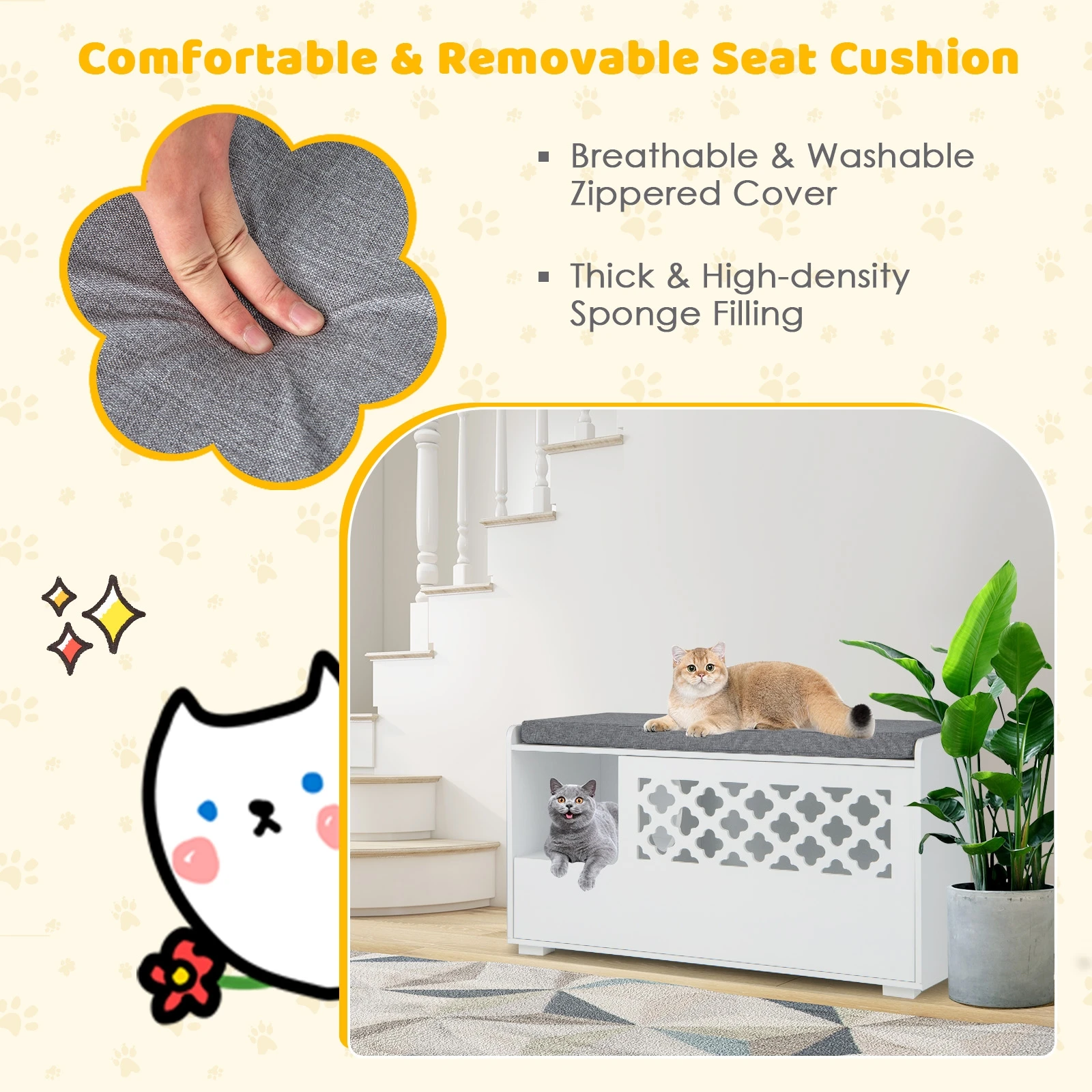 Mobiletto Lettiera per Gatti 4-in-1 Multifunzionale con Cuscino, Mobiletto Contenitore per Bagno Gatto Nascosto con Porta a Ribalta per Ingresso di Casa 4
