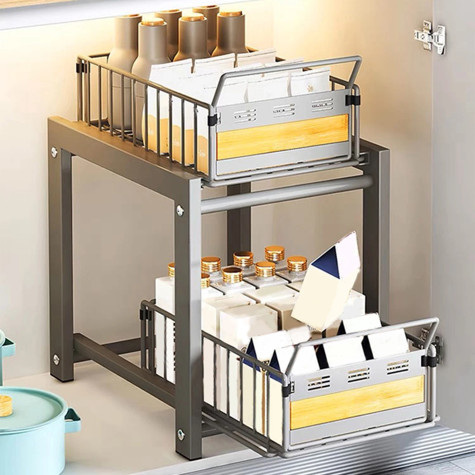 Organizzatore Estraibile a 2 Livelli per Lavello - Scaffale con Guide Scorrevoli Silenziose, Design in Ferro+Bambù per Cucina/Bagno, Capacità 8kg/Livello 6