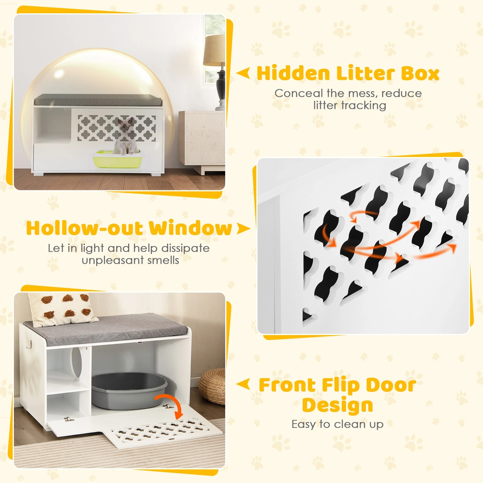 Mobiletto Lettiera per Gatti 4-in-1 Multifunzionale con Cuscino, Mobiletto Contenitore per Bagno Gatto Nascosto con Porta a Ribalta per Ingresso di Casa 5