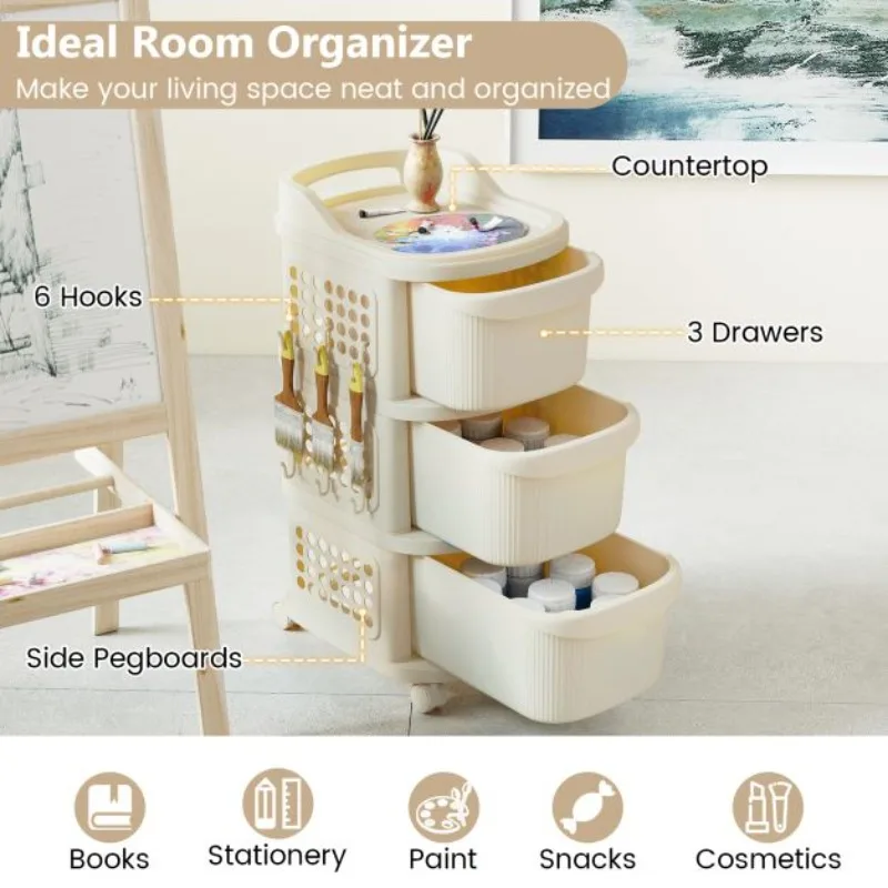 Carrello portaoggetti con ruote, 3 cassetti e ganci per pannello forato, carrello multiuso mobile con maniglia, facile da montare per casa, bagno, ufficio 6