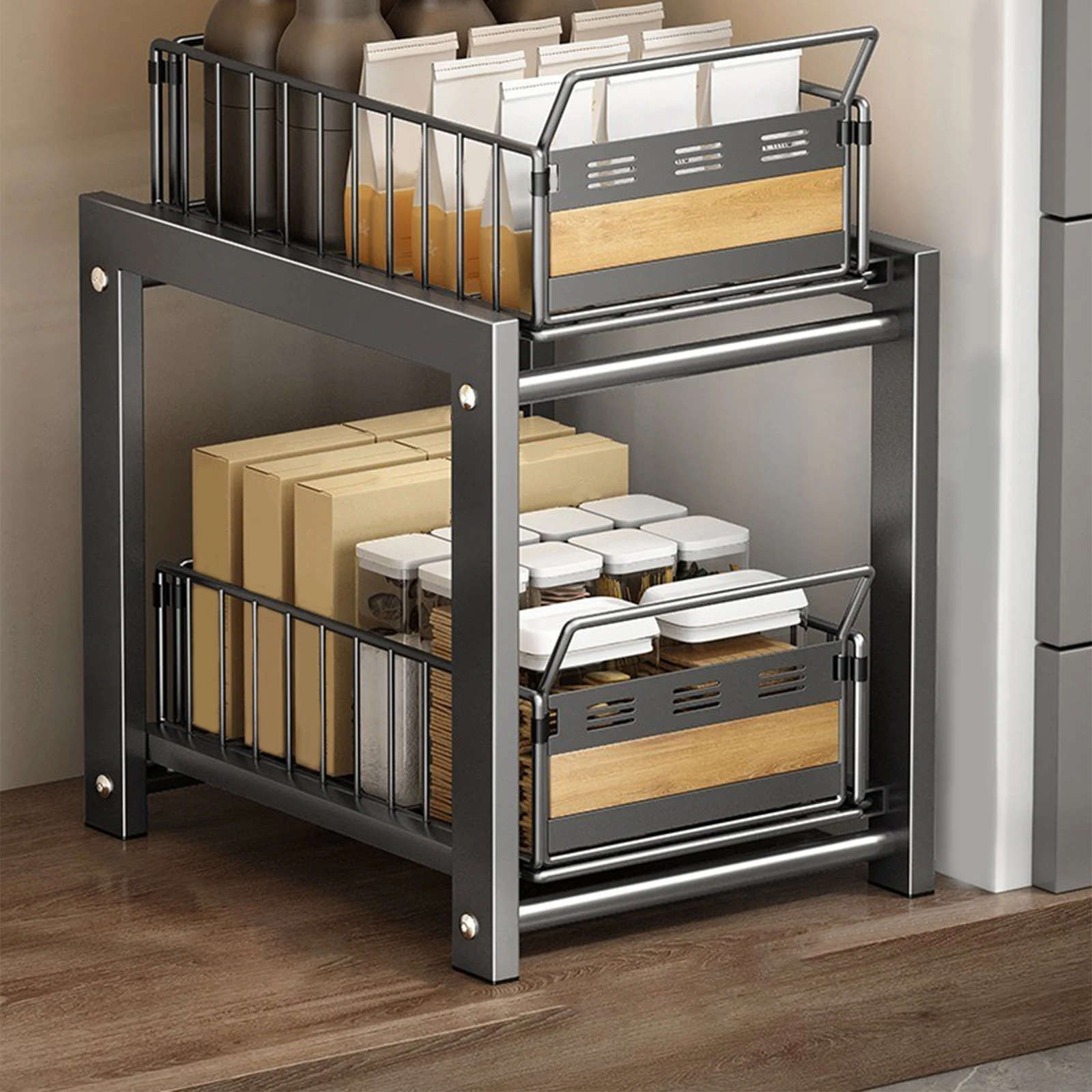 Organizzatore Estraibile a 2 Livelli per Lavello - Scaffale con Guide Scorrevoli Silenziose, Design in Ferro+Bambù per Cucina/Bagno, Capacità 8kg/Livello 4