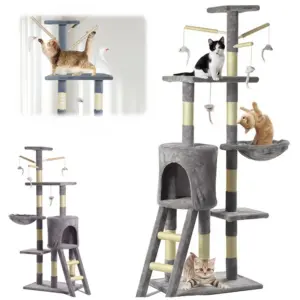 BRIEFNESS Torre per albero per gatti da 140 cm con tiragraffi, grotta morbida e zona per dormire, centro attività per interni/esterni per gatti grandi/piccoli 1