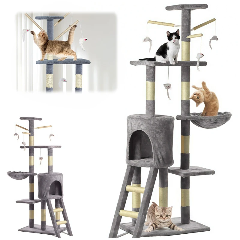 BRIEFNESS Torre per albero per gatti da 140 cm con tiragraffi, grotta morbida e zona per dormire, centro attività per interni/esterni per gatti grandi/piccoli 1