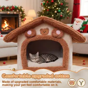 Casetta per gatti aggiornata, casetta per animali con orsetto bruno carino, design pieghevole con cuscino rimovibile, lavabile in lavatrice, versione rinforzata extra large, comoda e calda, casetta semi chiusa per gatti che fornisce una sicurezza sufficiente per i gatti, una casa per gatti per gatti per il riposo e il riposo per cani di piccola taglia. 1