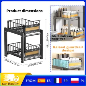 Organizzatore Estraibile a 2 Livelli per Lavello - Scaffale con Guide Scorrevoli Silenziose, Design in Ferro+Bambù per Cucina/Bagno, Capacità 8kg/Livello 1