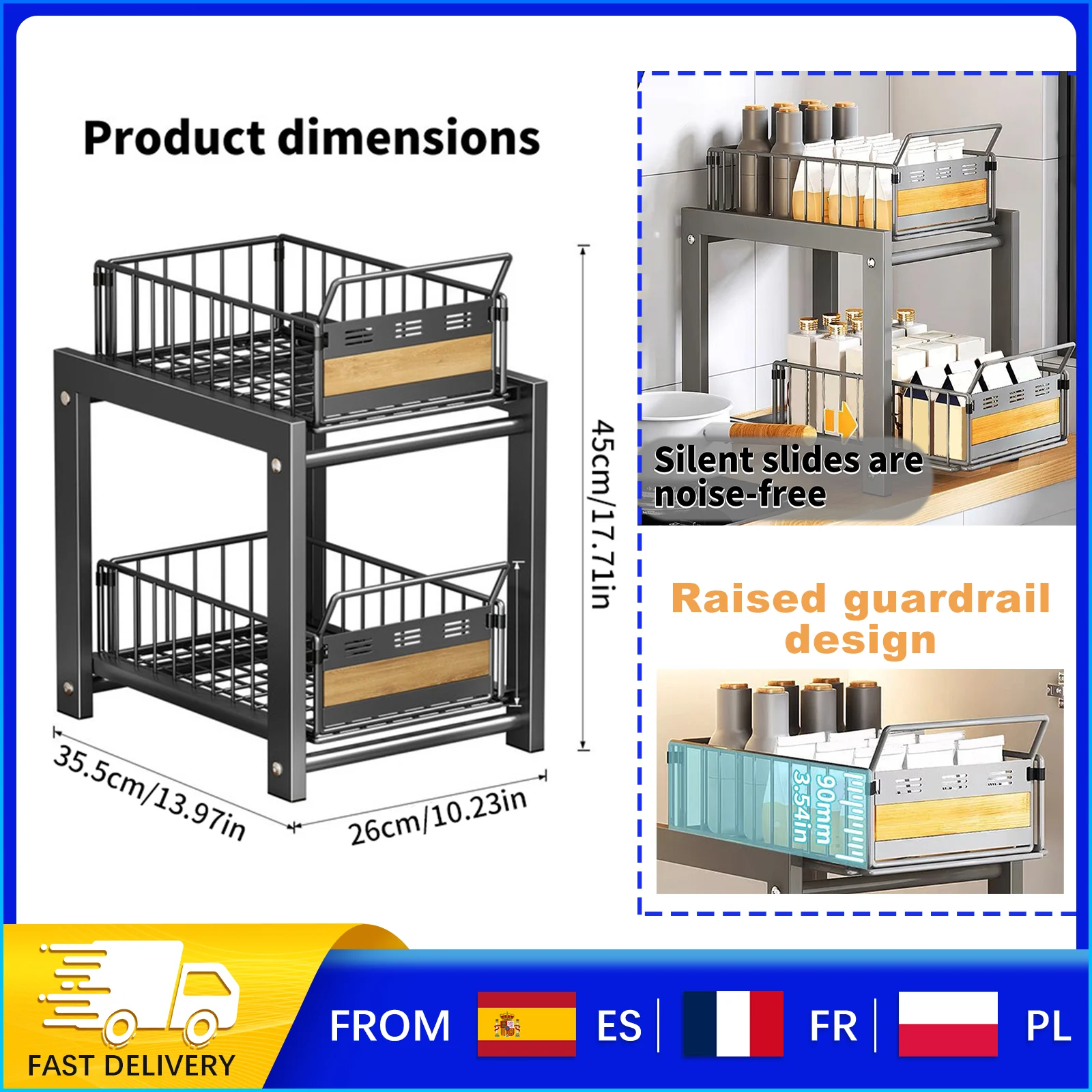 Organizzatore Estraibile a 2 Livelli per Lavello - Scaffale con Guide Scorrevoli Silenziose, Design in Ferro+Bambù per Cucina/Bagno, Capacità 8kg/Livello 1