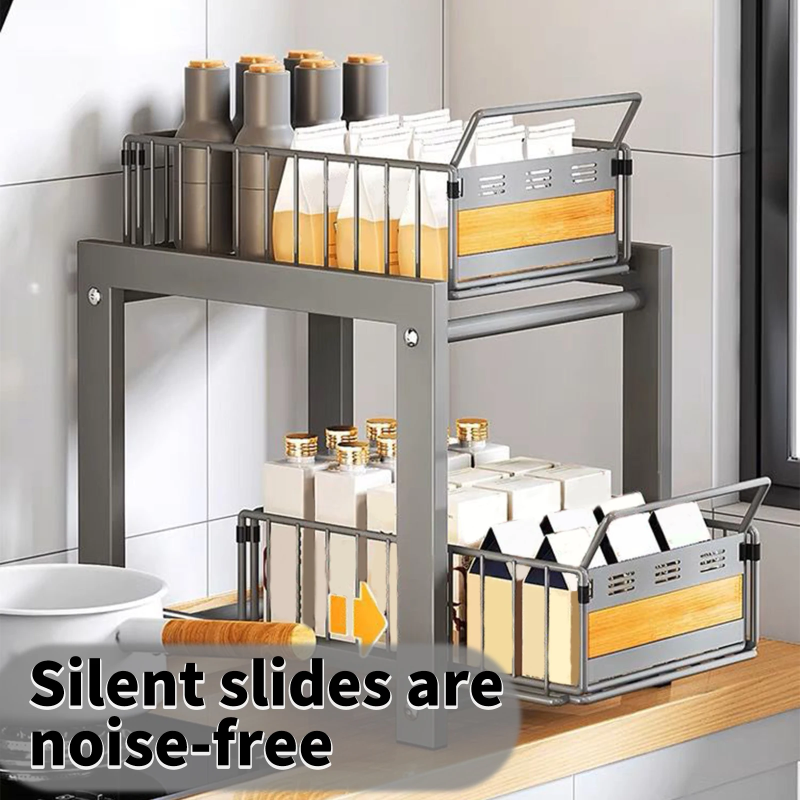 Organizzatore Estraibile a 2 Livelli per Lavello - Scaffale con Guide Scorrevoli Silenziose, Design in Ferro+Bambù per Cucina/Bagno, Capacità 8kg/Livello 5