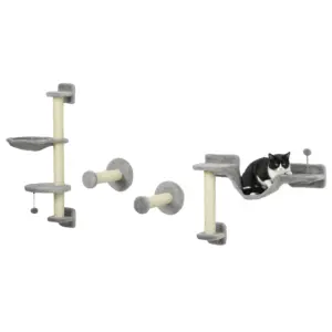 PawHut Albero per gatti a parete completo con 4 amache, Papple, piattaforme per saltare, palo in sisal e scala in peluche grigia 1