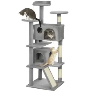 PawHut Albero per gatti con torre da gioco, piantana e piatto, altezza cm. Cuccia a forma di piatto, 2 nicchie, Pumpons, tessuto in peluche, multilivello, ideale per 1-3 gatti, grigio chiaro 1