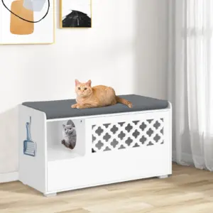 Mobiletto Lettiera per Gatti 4-in-1 Multifunzionale con Cuscino, Mobiletto Contenitore per Bagno Gatto Nascosto con Porta a Ribalta per Ingresso di Casa 1