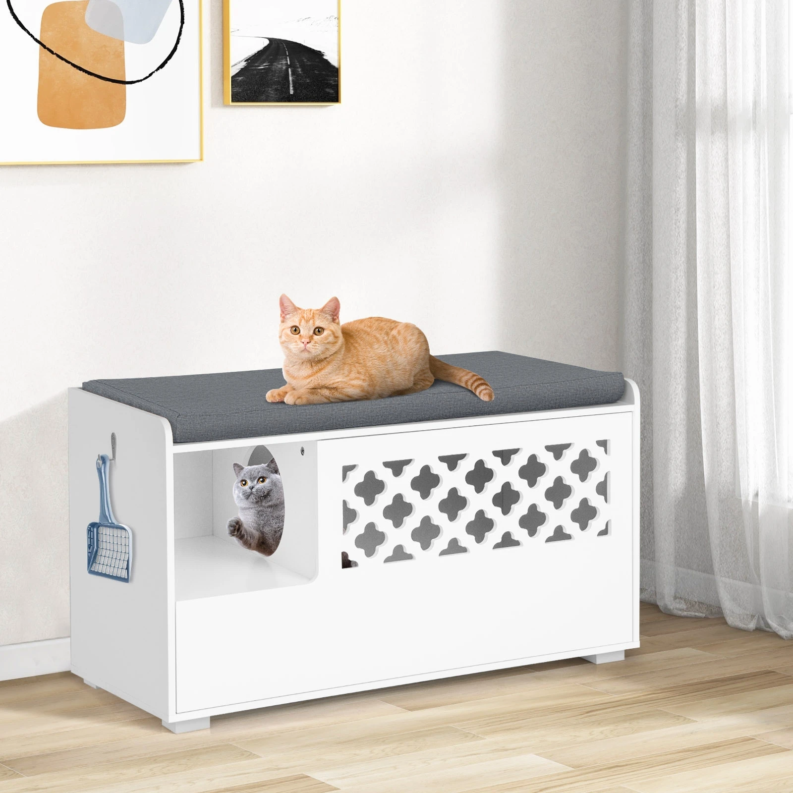 Mobiletto Lettiera per Gatti 4-in-1 Multifunzionale con Cuscino, Mobiletto Contenitore per Bagno Gatto Nascosto con Porta a Ribalta per Ingresso di Casa 1