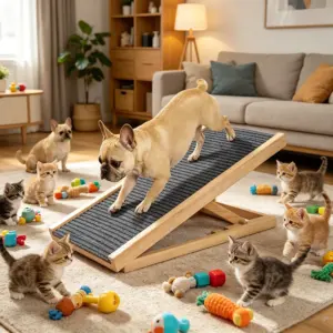1 set di rampe in legno per animali domestici, per cani e gatti, altezza regolabile, tappeto antiscivolo, scala di accesso sicura per animali domestici, cuccioli, cani, per auto, letto, mobili 2