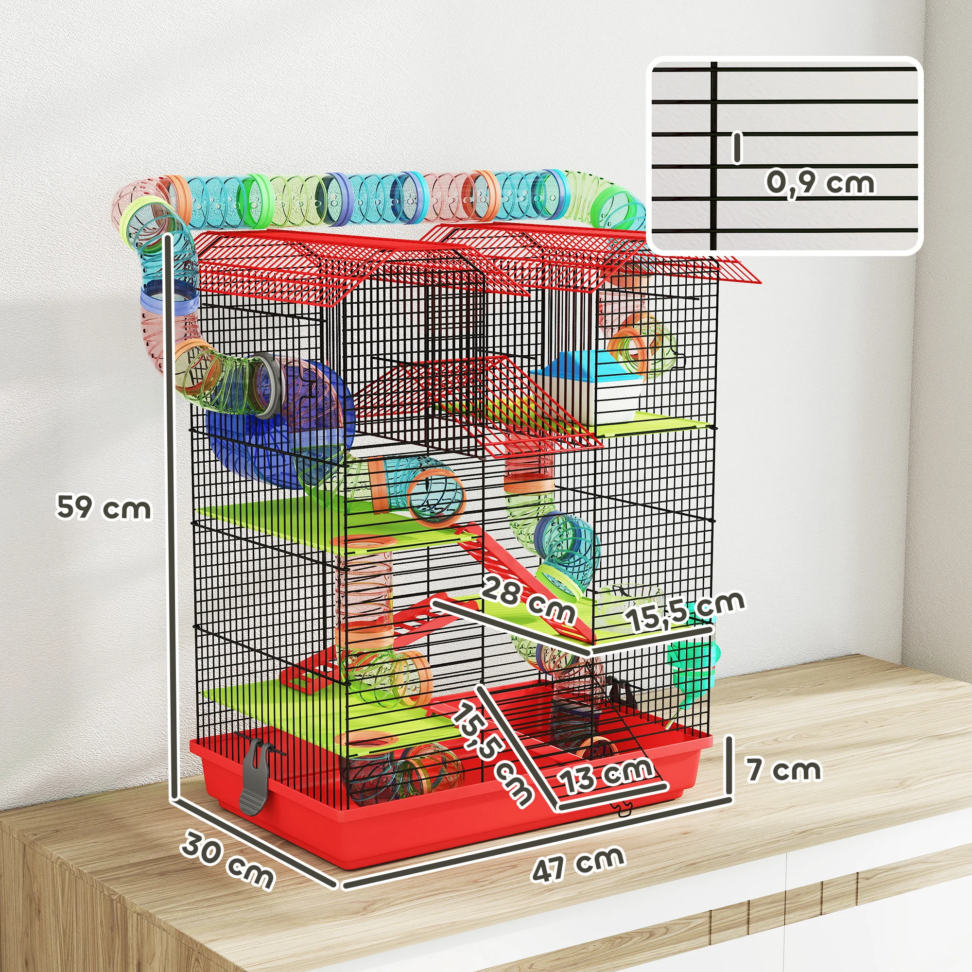 Gabbia Pawut per Criceti, Topi e Piccoli Animali con Tunnel, Ruota per Alimentazione e Giocattolo, 47x30x59 cm, Rossa 5
