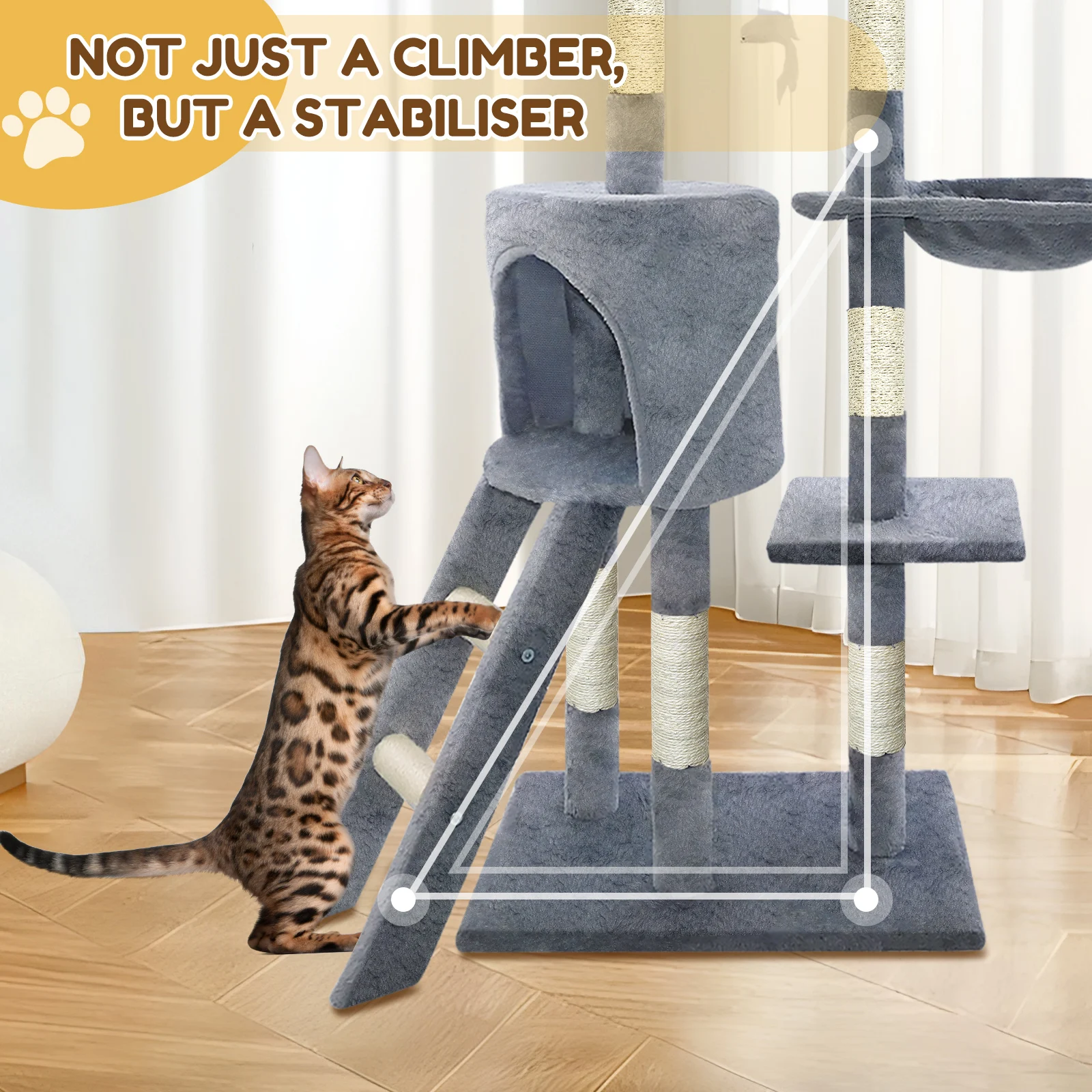 BRIEFNESS Torre per albero per gatti da 140 cm con tiragraffi, grotta morbida e zona per dormire, centro attività per interni/esterni per gatti grandi/piccoli 3