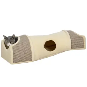 Tunnel per gatti PawHut con 2 nicchie in sisal e fori per la porta, gioco per gatti fino a 6 kg, adatto per interni, 107x38x29 cm, beige 1