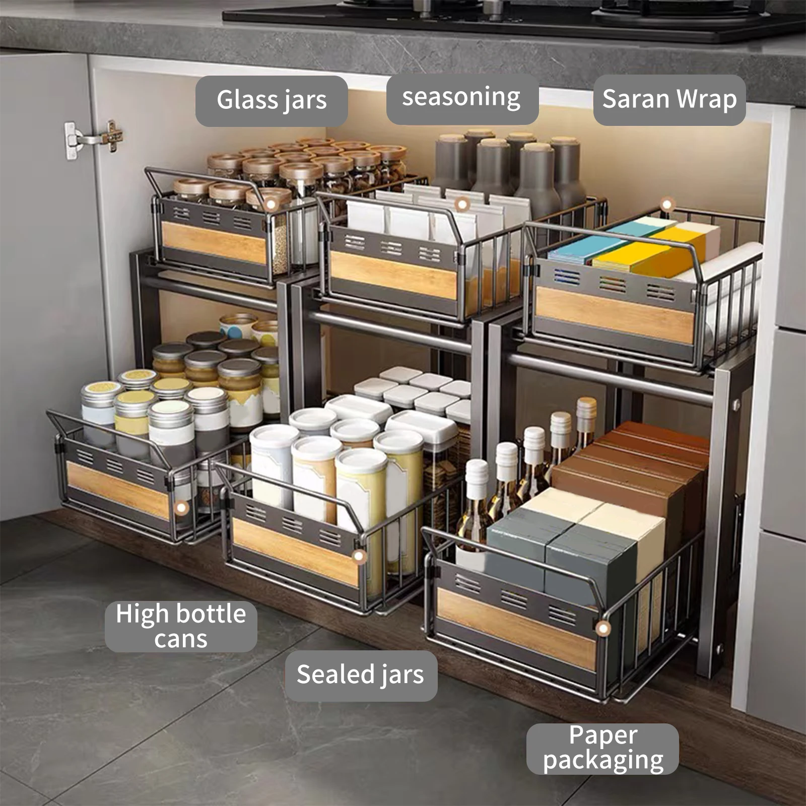 Organizzatore Estraibile a 2 Livelli per Lavello - Scaffale con Guide Scorrevoli Silenziose, Design in Ferro+Bambù per Cucina/Bagno, Capacità 8kg/Livello 3