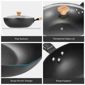 Wok a induzione con coperchio, padella Wok antiaderente 30 cm, padella per friggere con manico in legno, facile pulizia e forno, per tutti i piani cottura 2