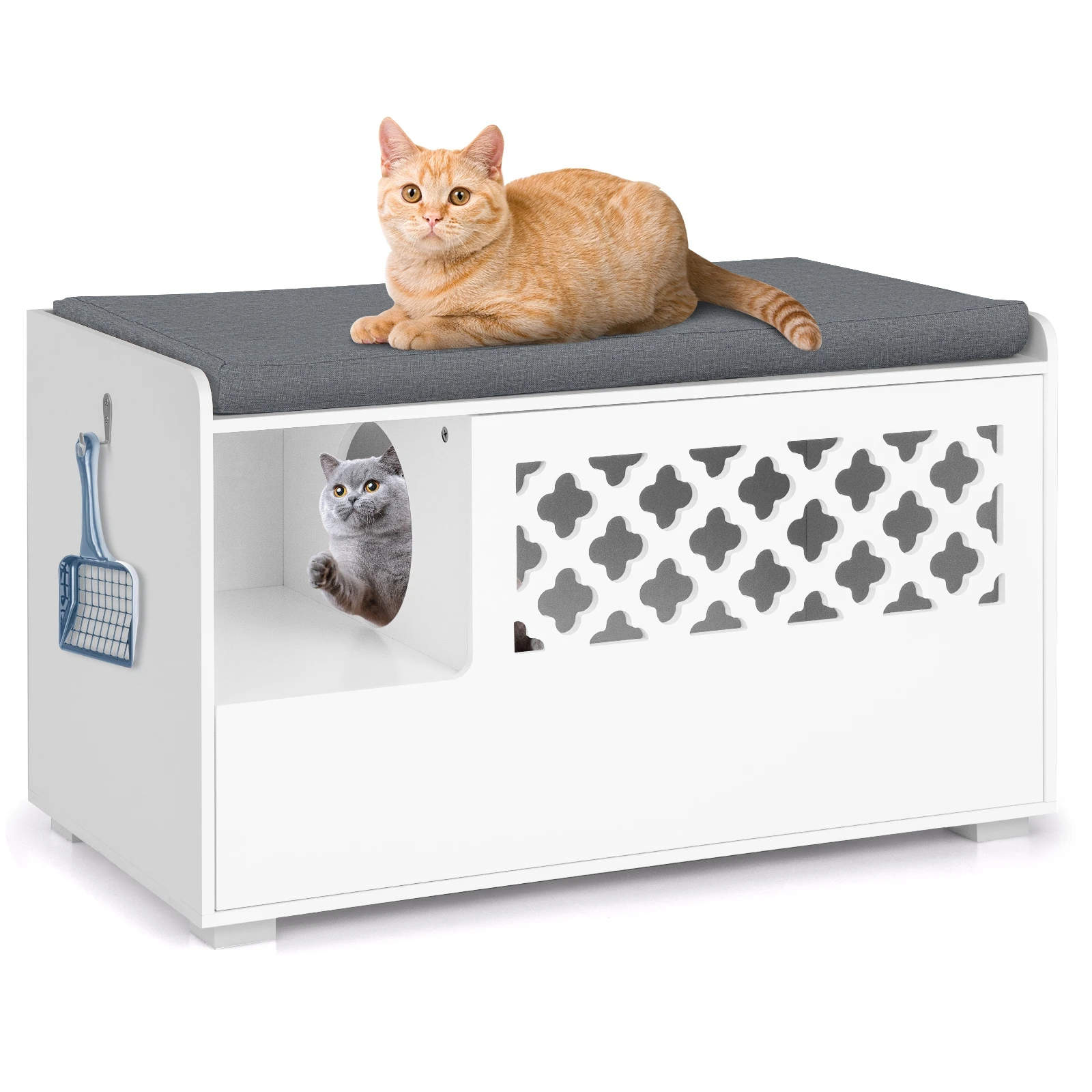 Mobiletto Lettiera per Gatti 4-in-1 Multifunzionale con Cuscino, Mobiletto Contenitore per Bagno Gatto Nascosto con Porta a Ribalta per Ingresso di Casa 6