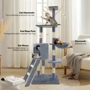 BRIEFNESS Torre per albero per gatti da 140 cm con tiragraffi, grotta morbida e zona per dormire, centro attività per interni/esterni per gatti grandi/piccoli 2
