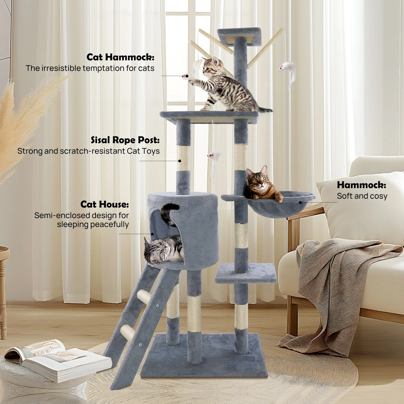 BRIEFNESS Torre per albero per gatti da 140 cm con tiragraffi, grotta morbida e zona per dormire, centro attività per interni/esterni per gatti grandi/piccoli 2