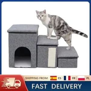 Scala per Cani Pieghevole a 3 Gradini con Vano Portaoggetti, Rampa Antiscivolo per Animali Domestici, Capacità 60kg, per Salire a Letto e Divano, Scaletta Portatile per Gatti e Cani 1