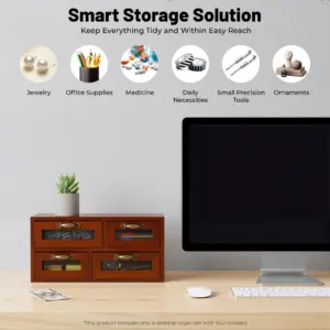 Organizzatore da tavolo retrò a 4 cassetti Scatola portaoggetti da tavolo in legno Accessori da scrivania Decorazioni per l'home office 2