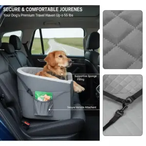 Seggiolino auto per cani di taglia piccola e media fino a 25 kg, seggiolino rialzato impermeabile per cani, tasca portaoggetti, guinzaglio di sicurezza 2