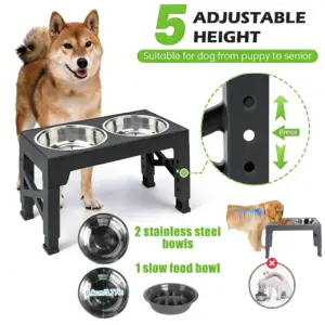 Ciotole rialzate regolabili a 5 altezze per cani - 2×1000ml in acciaio inossidabile con mangiatoia lenta, supporto pieghevole per gatti/cani per la salute della colonna vertebrale 1