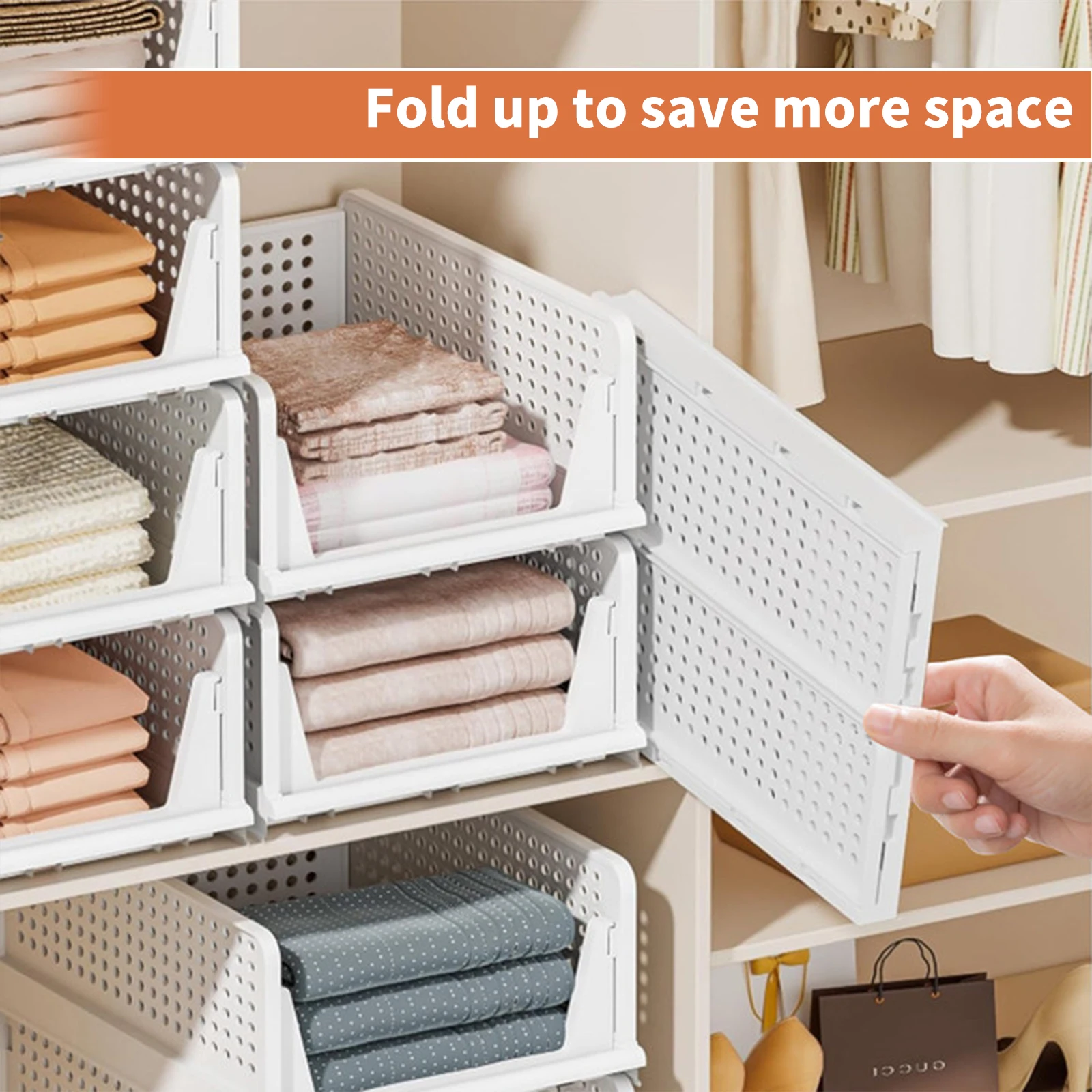 Set di 4 Cestini Impilabili in Plastica, Organizzatori Pieghevoli per Armadio, Scatole Portaoggetti, Unità per Cassetti, Scaffale di Stoccaggio a Strati 4