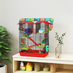 Gabbia Pawut per Criceti, Topi e Piccoli Animali con Tunnel, Ruota per Alimentazione e Giocattolo, 47x30x59 cm, Rossa 2