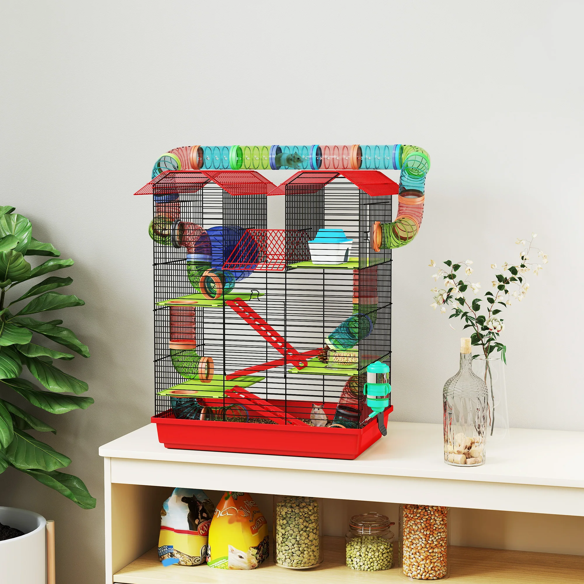 Gabbia Pawut per Criceti, Topi e Piccoli Animali con Tunnel, Ruota per Alimentazione e Giocattolo, 47x30x59 cm, Rossa 2