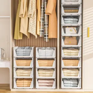 Set di 4 Cestini Impilabili in Plastica, Organizzatori Pieghevoli per Armadio, Scatole Portaoggetti, Unità per Cassetti, Scaffale di Stoccaggio a Strati 2