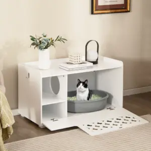 Mobiletto Lettiera per Gatti 4-in-1 Multifunzionale con Cuscino, Mobiletto Contenitore per Bagno Gatto Nascosto con Porta a Ribalta per Ingresso di Casa 2