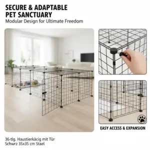 Gabbia per animali domestici con 36 pannelli e porta, nera, 35x35 cm, adatta per giardini e fattorie 2