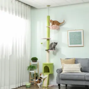 Albero per gatti PawHut da terra a soffitto, 5 livelli, altezza regolabile 220 cm, piattaforme a forma di fiore con nicchia, amaca, rampa e palla da gioco sospesa, centro attività per interni, Verde 2