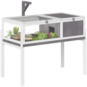 Terrario per tartarughe, recinto esterno/interno rialzato per animali acquatici, supporto per 2 lampade, tetto funzionante, vassoio scorrevole e ciotola per l'alimentazione, per piccoli rettili, 104x53x82cm, Grigio 1