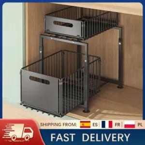 Scaffale da cucina regolabile in altezza con cassetto estraibile a 2 livelli per armadietto sotto il lavello, ripiano per barattolo di spezie 1