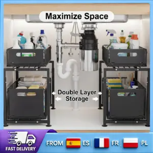 Organizzatore Estraibile a 2 Livelli per Sotto Lavello, Struttura in Acciaio al Carbonio Regolabile in Altezza, Cassetto di Grande Capacità per Armadietti di Cucina e Bagno 1