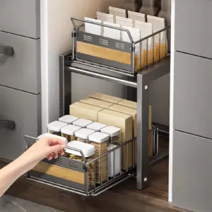 Organizzatore Estraibile a 2 Livelli per Lavello - Scaffale con Guide Scorrevoli Silenziose, Design in Ferro+Bambù per Cucina/Bagno, Capacità 8kg/Livello 2